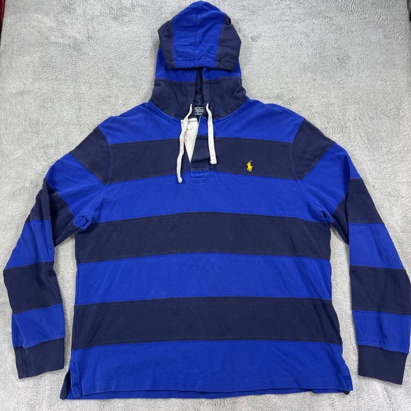 Polo Ralph Lauren Other - Polo Ralph Lauren Rugby Hoodie Mens XL Blue Striped Long Sleeve Polo Shirt Y2K